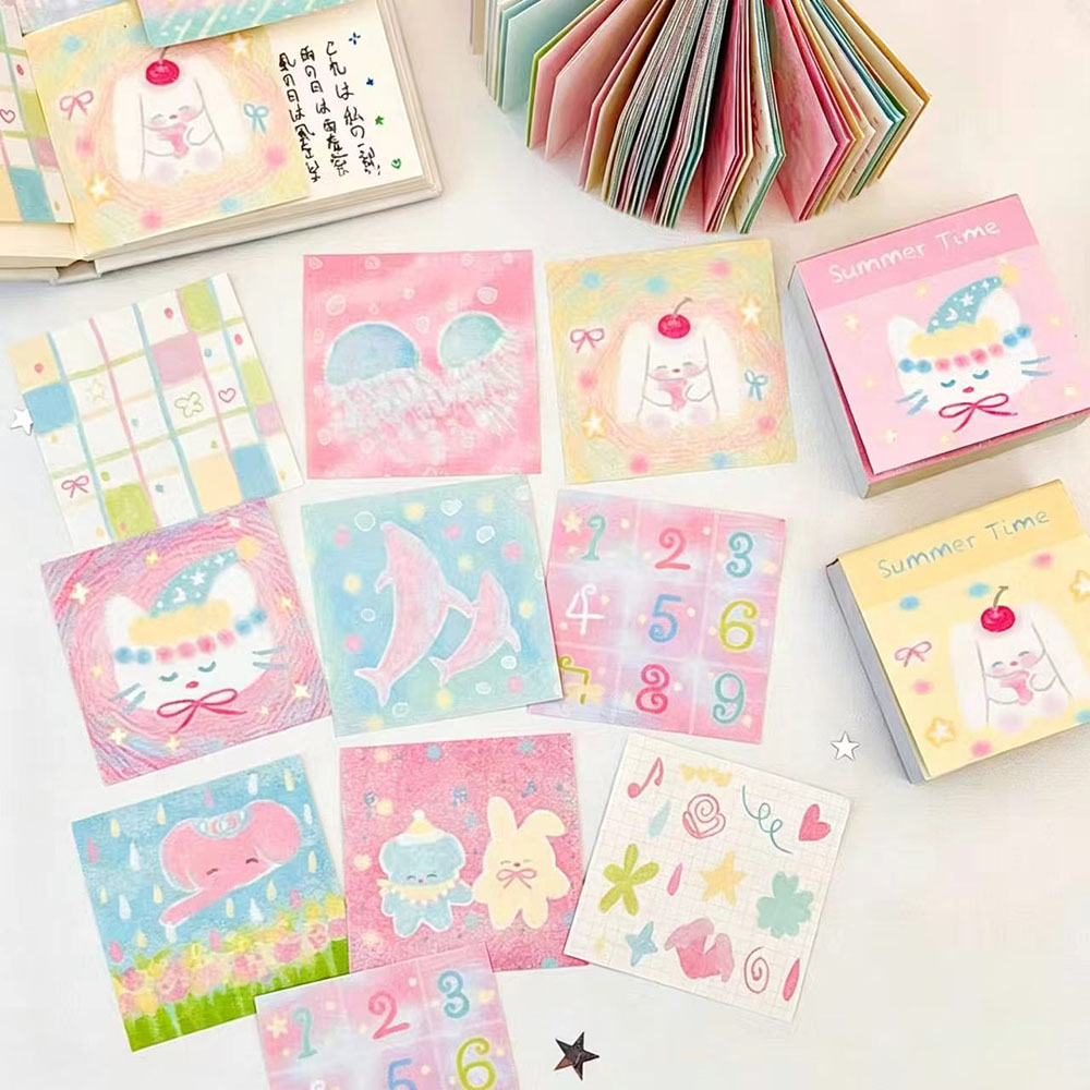 Graph Paper Pad - สมุดโน้ตขนาดเล็กน่ารักสำหรับฤดูร้อน 120 แผ่น, กระดาษโน้ตลายการ์ตูนแมว แมงกะพรุน โลมารูปแบบต่างๆ,