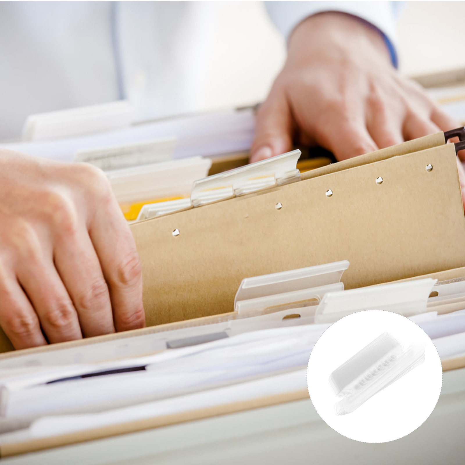File Folder Hanging - แถบติดแฟ้มแบบแขวน 100 ชิ้น คลิปดัชนี PVC พร้อมแผ่นป้ายสำหรับจัดระเบียบเอกสารในสำนักงานและที่บ้าน